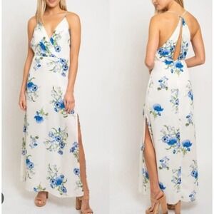 Lush Women's XS Floral Print Maxi Dress Sleeveless Slit Ivory Blue‎